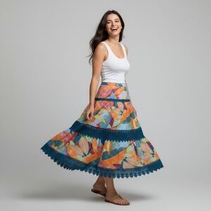 Diamond True XL Tropical Women's Boho A-Line Skirt Blue Lace Trim